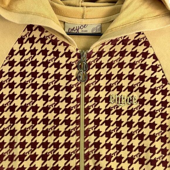 ENYCE Houndstooth Full Zip Jacket Hooded Embroidered Logo Mustard/Burgundy Sz SM - Picture 9 of 16